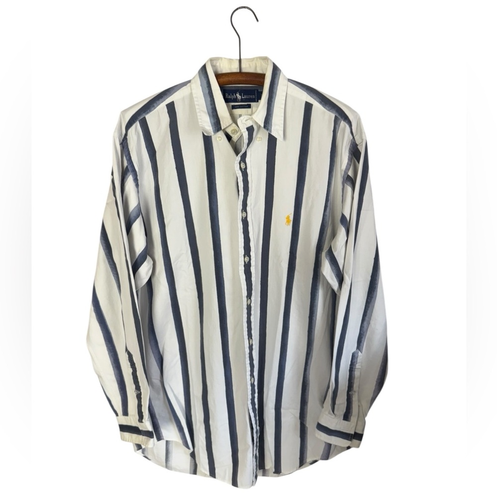 Ralph Lauren White and Navy Vertical Stripe Button-Down Shirt